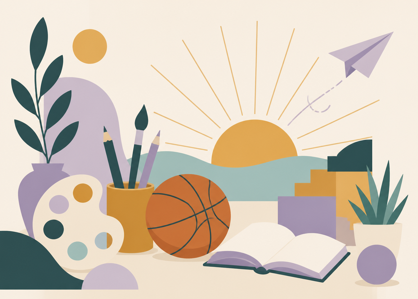 Illustration representing Solara youth programs: art materials, a basketball, an open book and a rising sun